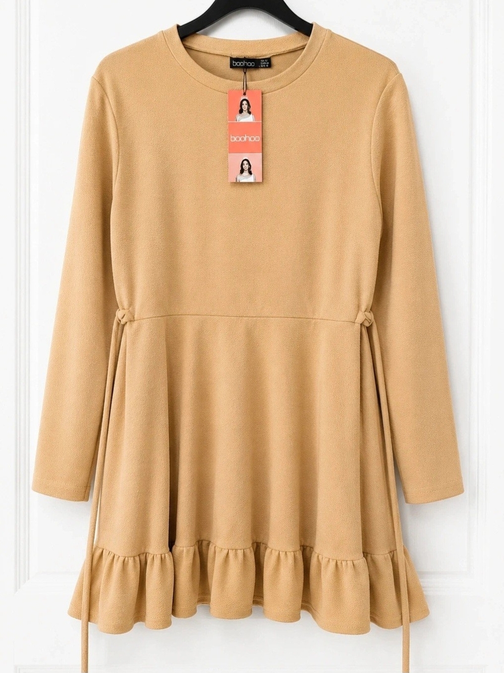 NWT Women's Boohoo Beige Ruffle Hem Dress